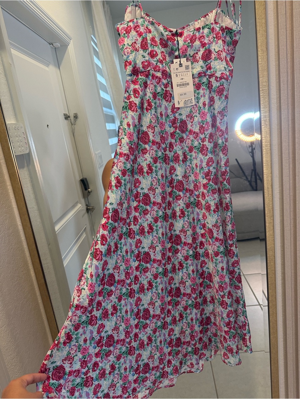 Zara White Dress with Pink and Green Rose Print